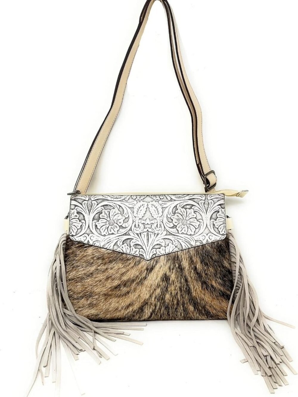 Genuine Tooled Leather Cowhide Fur Fringe Crossbody Bag for Women - 3 Colors